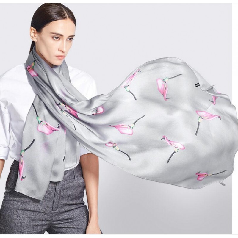 Pure Silk Scarf Gray Print Women Summer Scarf